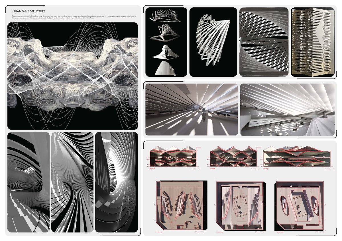 Chorographical notation, which translates to the dynamics of movement and sound into a visual system, and elements of sound into a written form. By linking choreographic notation to the fluidity of sheet music, a physical model was created to embody this translation, transforming musical notation into a three dimensional form.   This project emphasized the importance of transitioning from two-dimensional thinking to three-dimensional realization. The initial phases allowed for experimental exploration, ensuring that the three-dimensional concepts that were inspired by Masahiro Chatani were effectively translated into plans and sections, ultimately bringing the architectural vision to life.